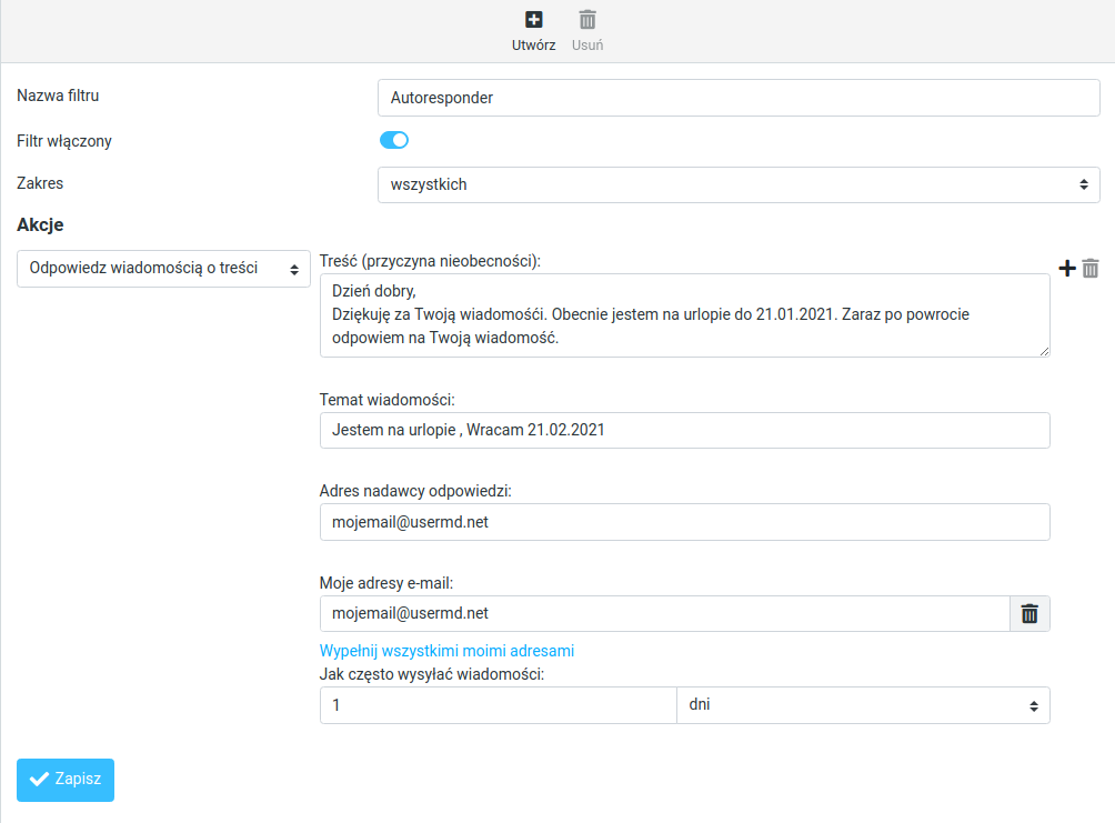 Roundcube - autoresponder bez reguł